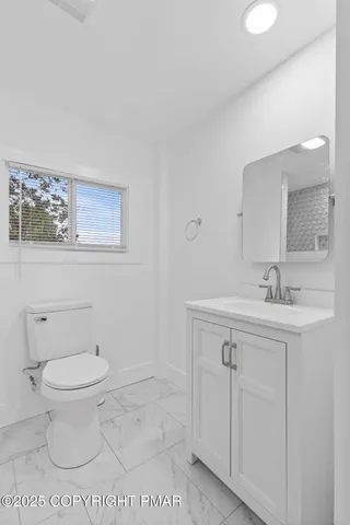 a bathroom with a sink a toilet and a mirror