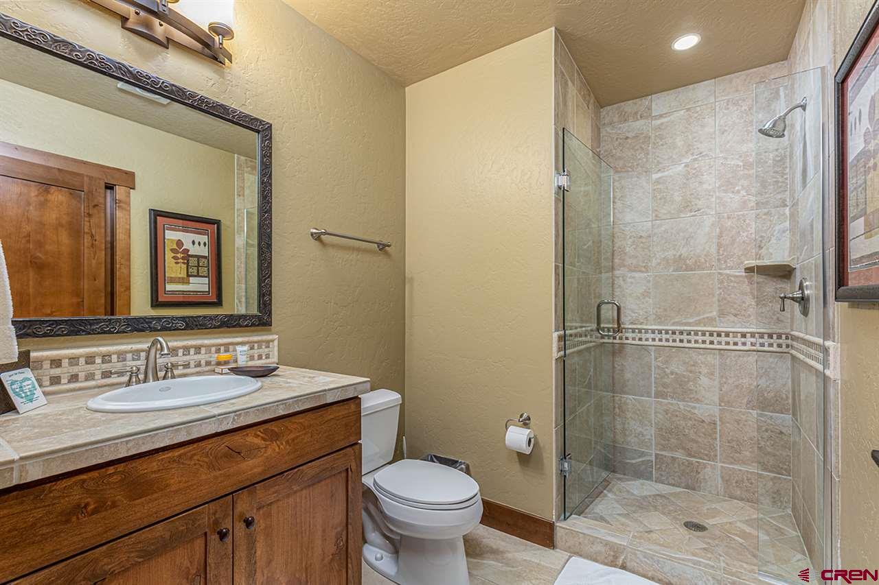 24 Sheol Street, Unit 504 Durango, CO 81301 - Photo 20 of 22 a bathroom with a shower sink vanity mirror and toilet