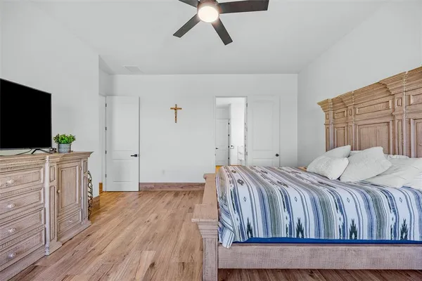 a bedroom with a bed and flat screen tv