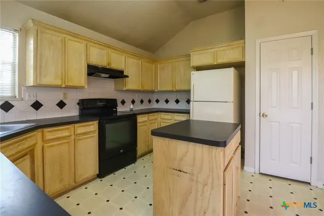 a kitchen with granite countertop a sink a stove a refrigerator and cabinets