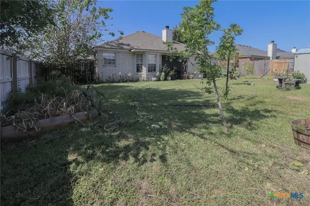 a view of a backyard with plants and a lawn chairs