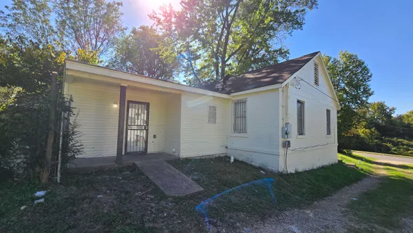 a view of a small space in front of a house with a large tree and a yard