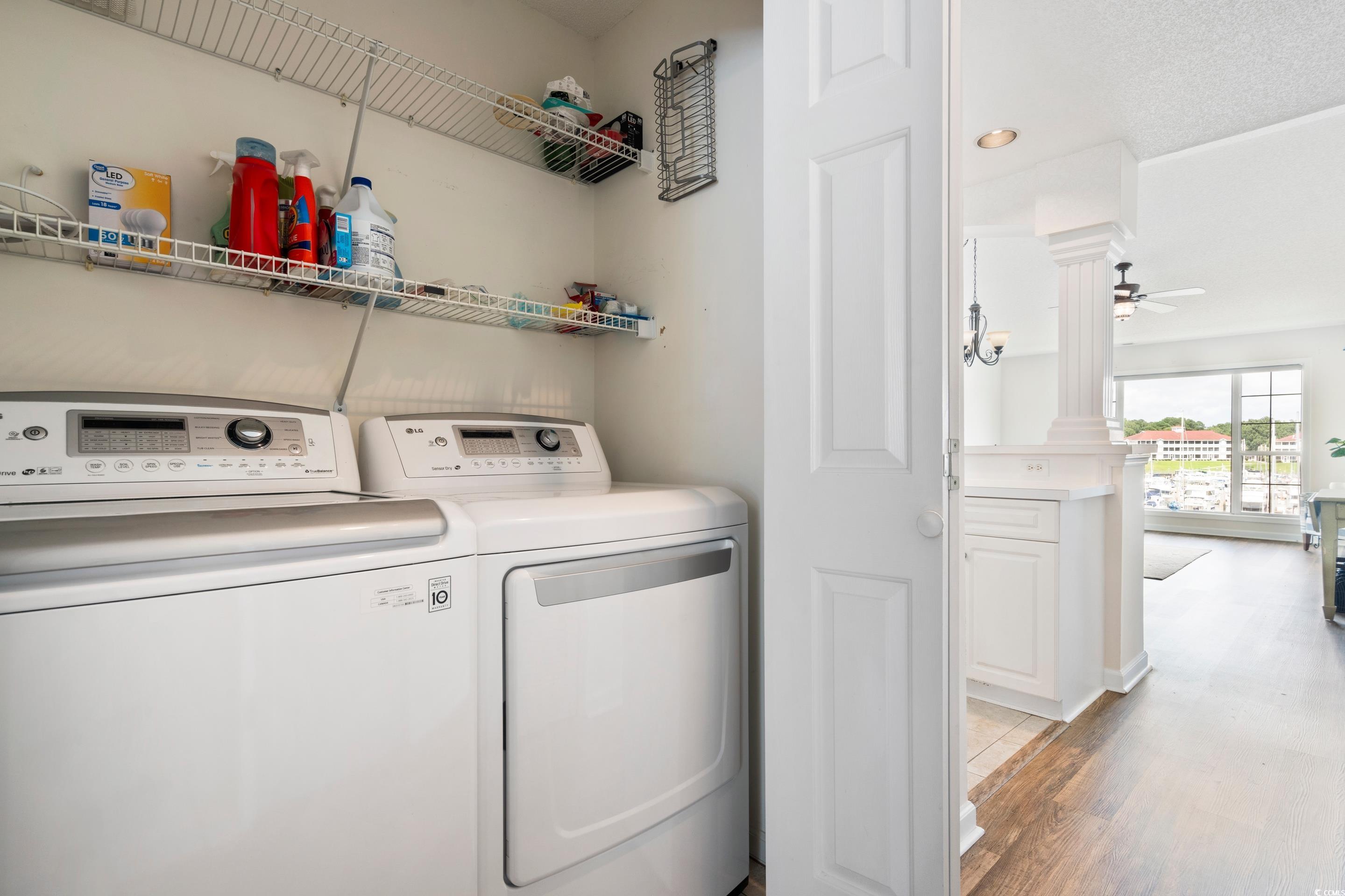 4629 Lightkeepers Way, Unit 6L Little River, SC 29566 - Photo 22 of 36 Washroom with light wood-style floors, washer and dryer, ceiling fan, recessed lighting, and a textured ceiling