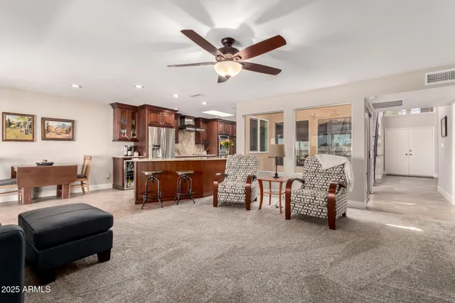 a view of a dining room with furniture