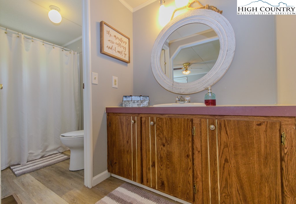 295 Roy E Brown Road Vilas, NC 28692 - Photo 26 of 43 a bathroom with a toilet a sink and a mirror