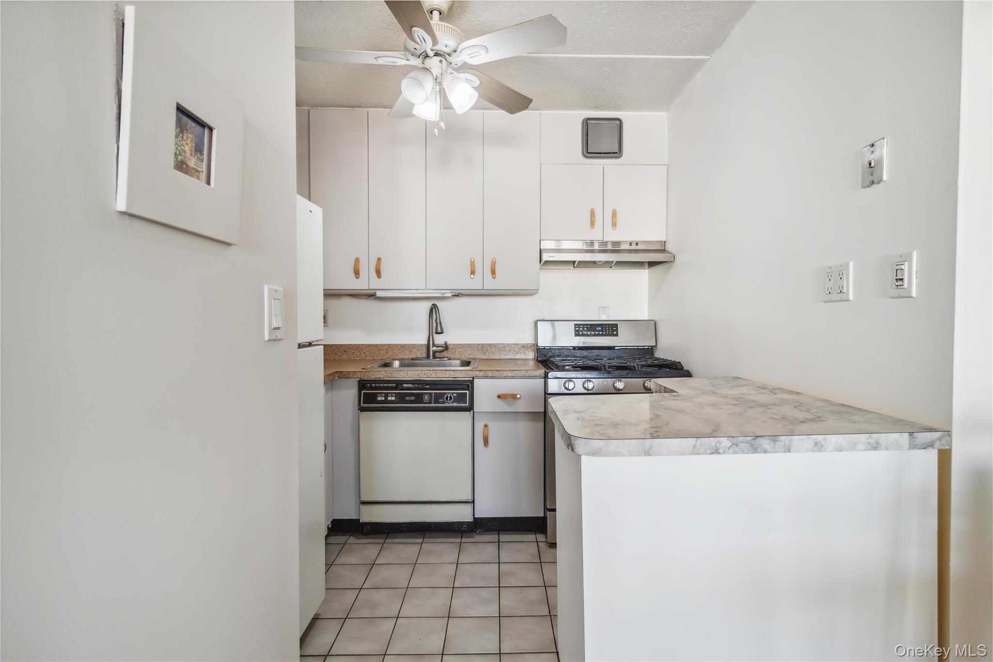 23-22 30th Road, Unit 7D Queens, NY 11102 - Photo 10 of 29 Kitchen with white cabinets, ceiling fan, under cabinet range hood, a sink, and white dishwasher