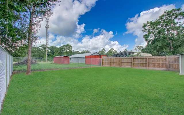 a view of a yard with large trees and a wooden fence