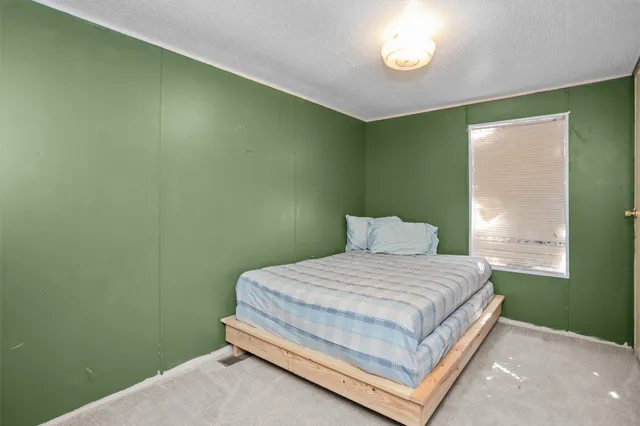 a bedroom with a bed and a cabinets