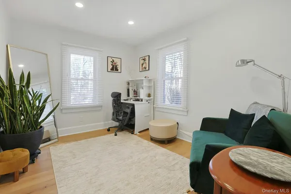 a living room with furniture and a potted plant
