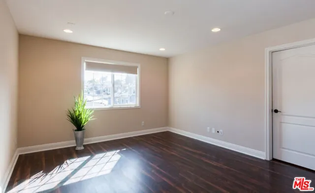 a view of a room with wooden floor and a potted plant