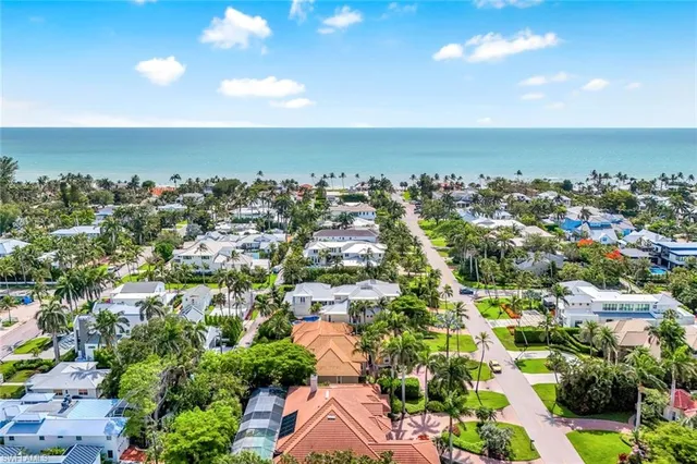 an aerial view of residential houses with outdoor space and trees
