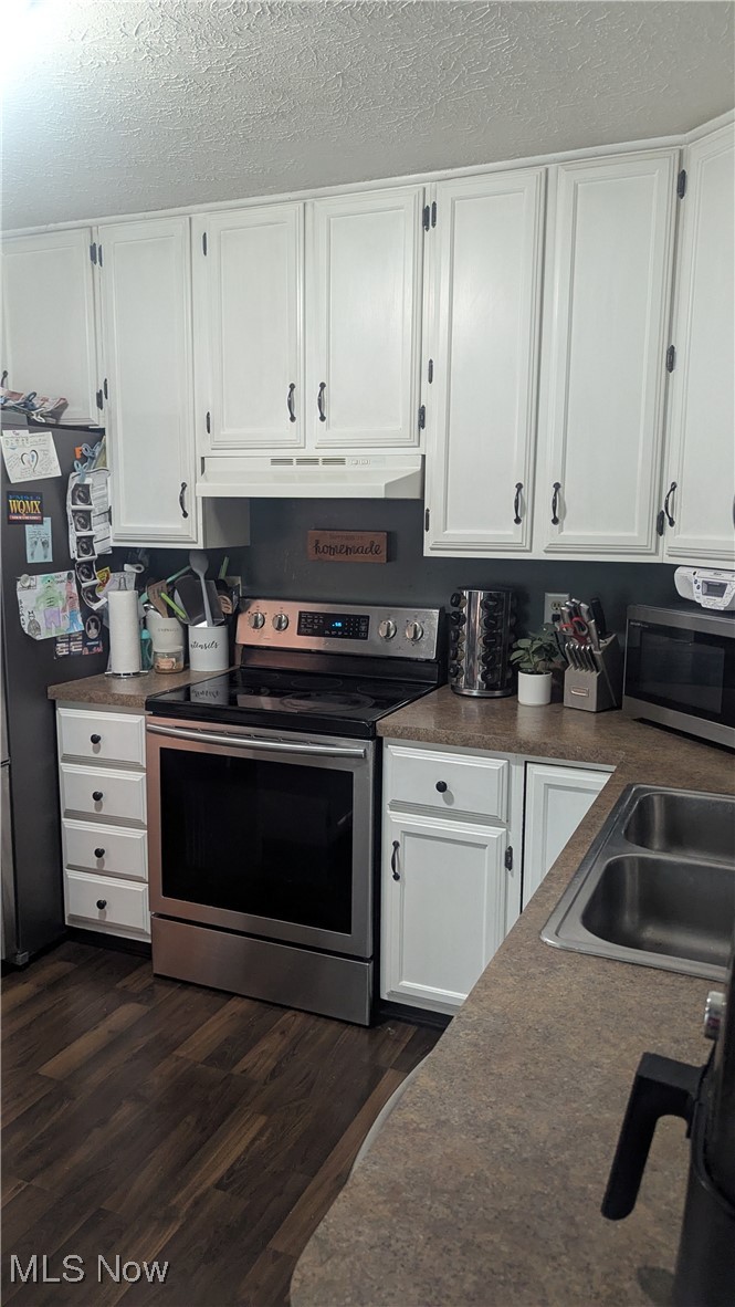 290 Leatherman Road Wadsworth, OH 44281 - Photo 9 of 43 Kitchen featuring appliances with stainless steel finishes, under cabinet range hood, white cabinetry, dark wood-style floors, and dark countertops