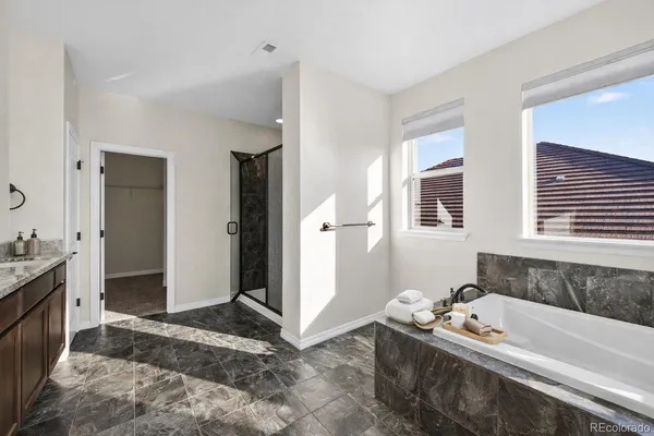 a bath room with a window and a bath tub