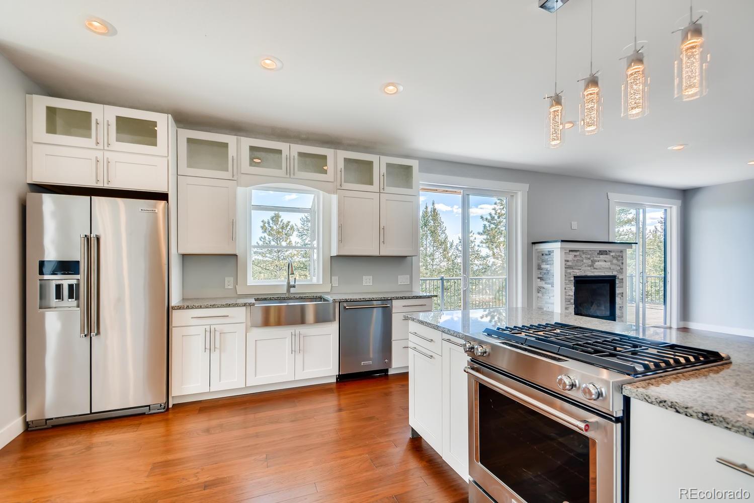 5967 High Drive Morrison, CO 80465 - Photo 6 of 38 a kitchen with stainless steel appliances granite countertop a stove a refrigerator and a fireplace