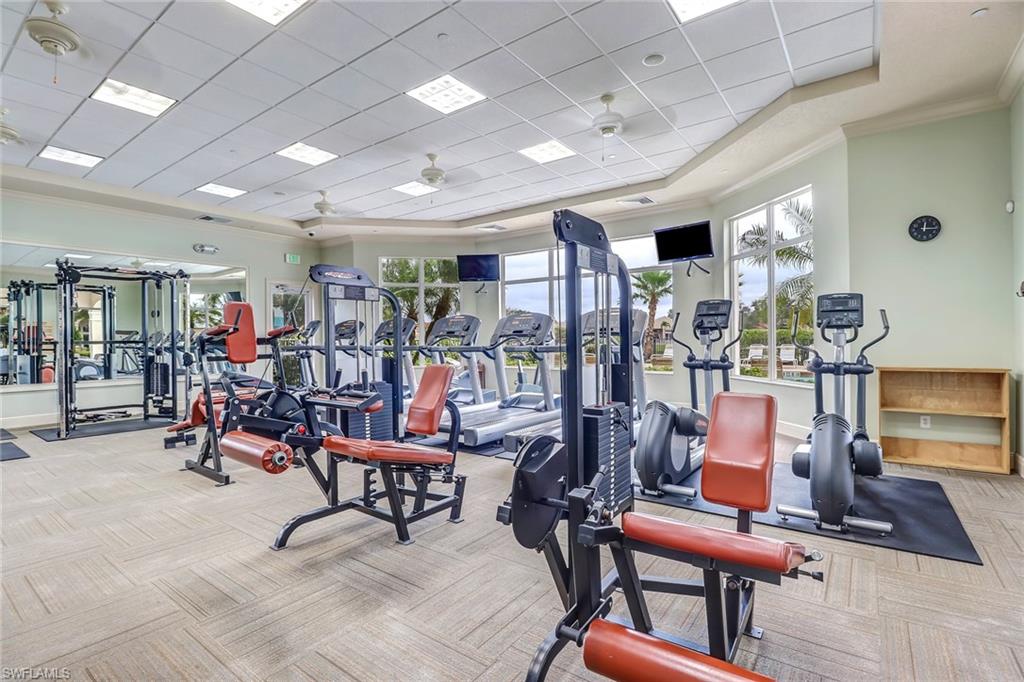 2346 Butterfly Palm Drive Naples, FL 34119 - Photo 42 of 45 Workout area with ornamental molding, a ceiling fan, and a drop ceiling