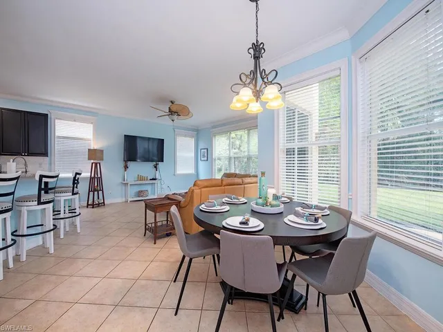 a view of a dining room with furniture window and outside view