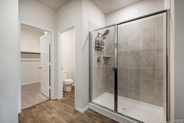 a bathroom with a shower and toilet