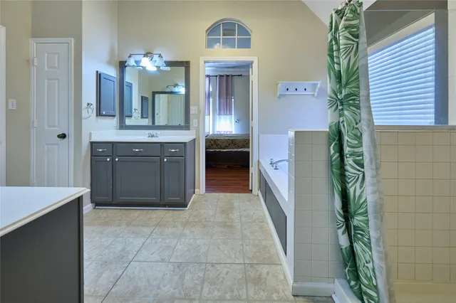 a bathroom with a sink a mirror and a shower