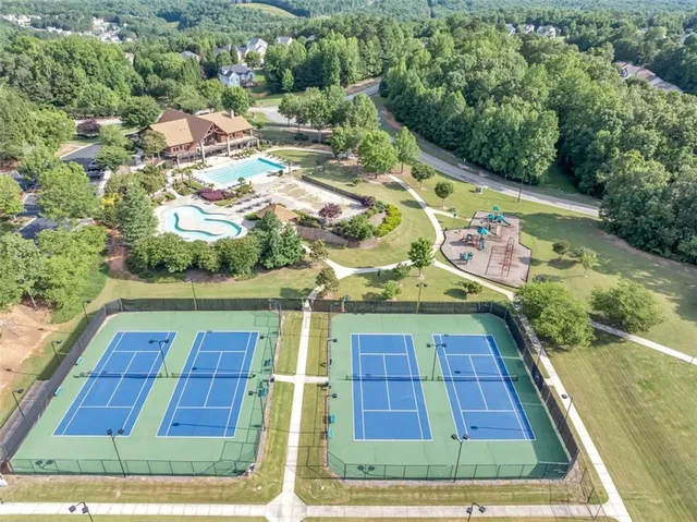 a view of an outdoor space with swimming pool