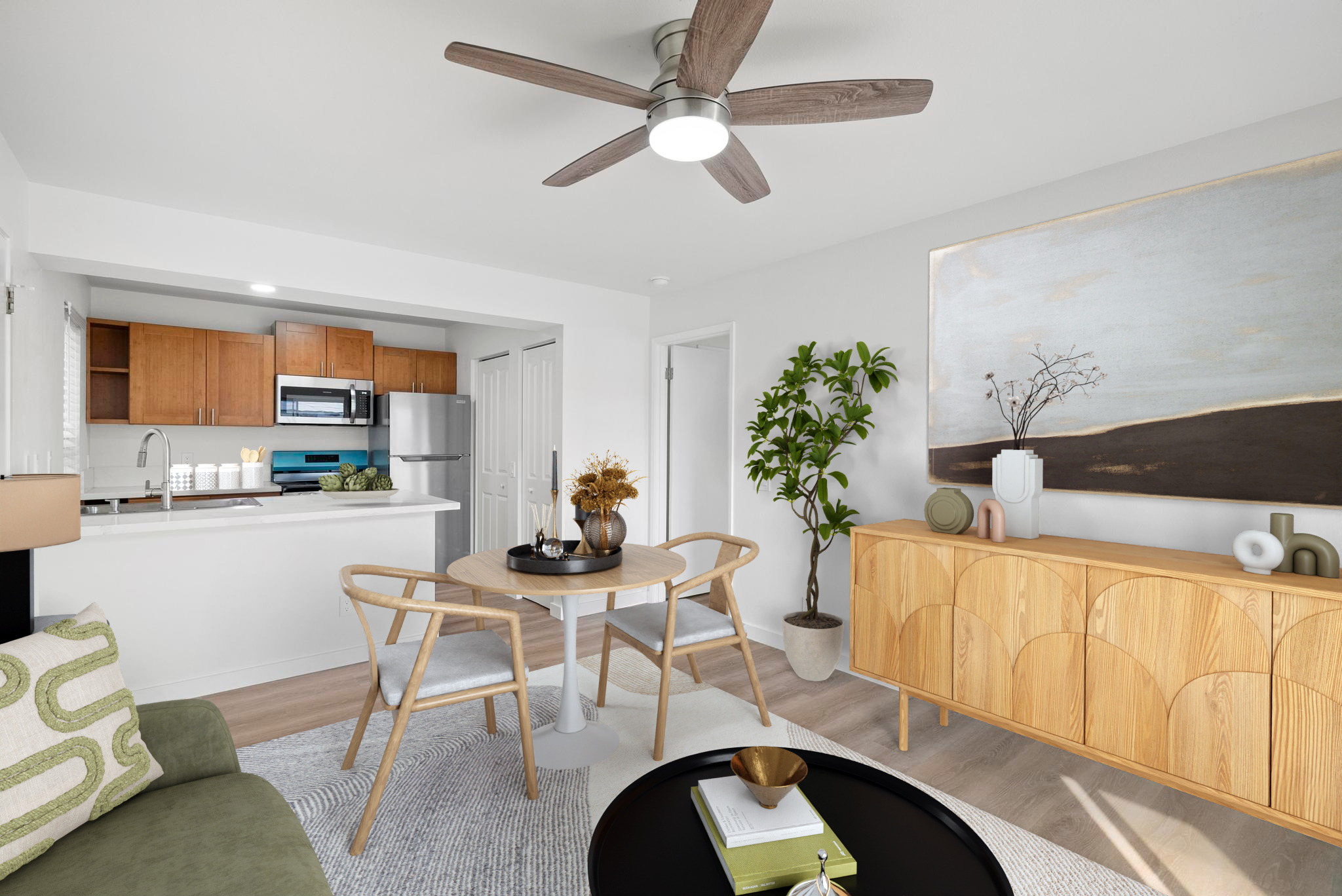 68-3831 Lua Kula Street, Unit E102 Waikoloa, HI 96738 - Photo 3 of 26 a living room with furniture a chandelier and a dining table
