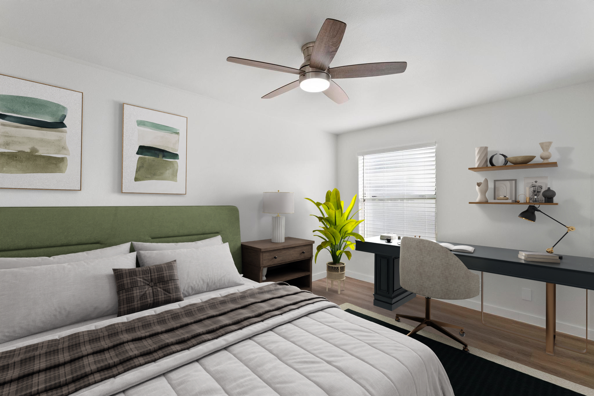 68-3831 Lua Kula Street, Unit E102 Waikoloa, HI 96738 - Photo 9 of 26 a bedroom with a bed a desk and chair with window