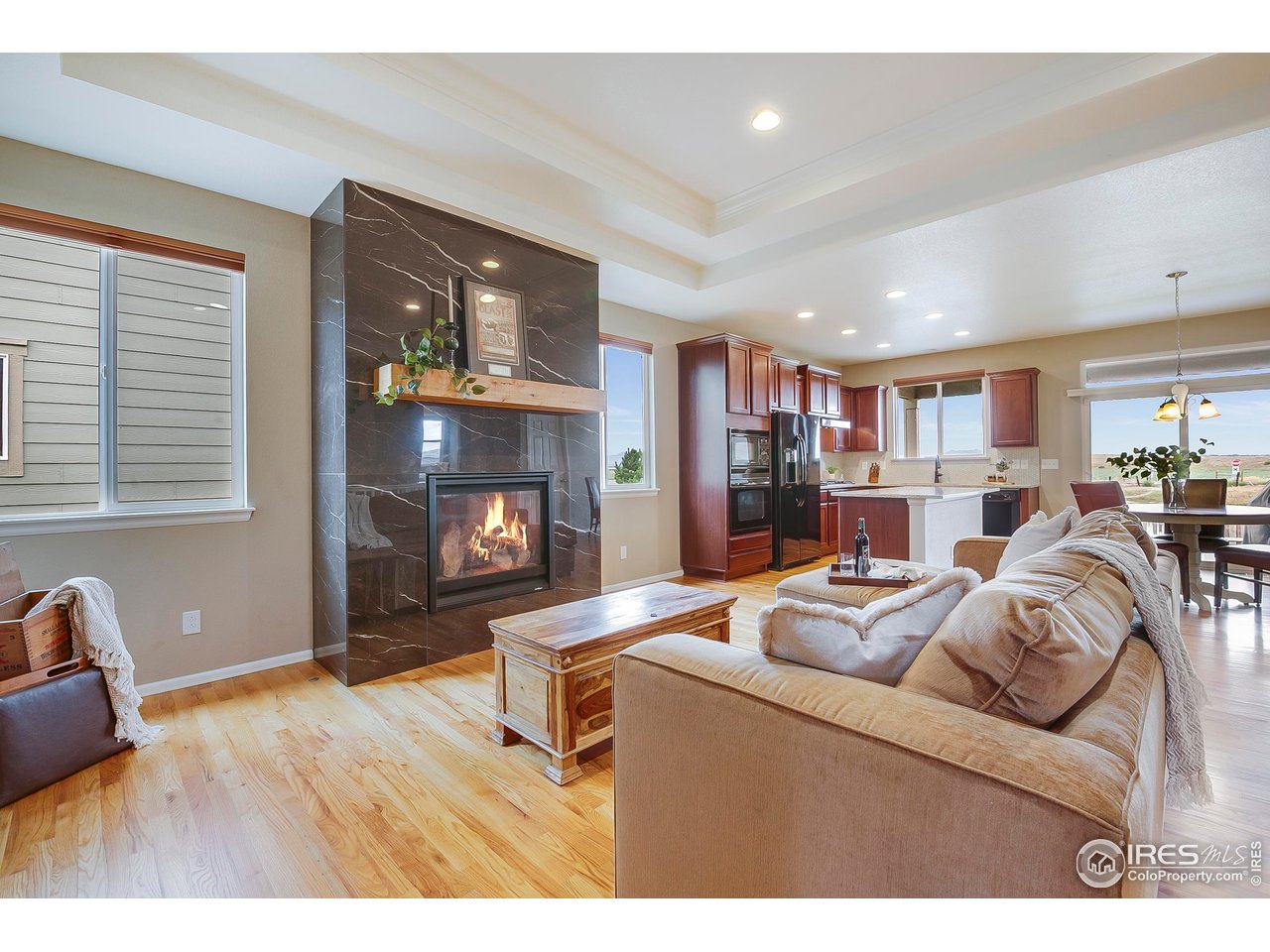 3374 Wagon Trail Road Fort Collins, CO 80524 - Photo 5 of 43 Great Room with Coffered ceilings & Hardwood floors