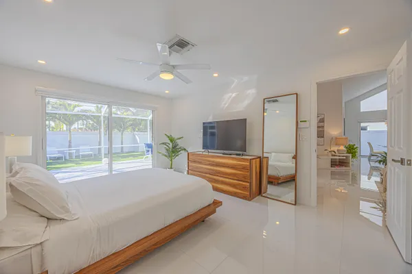 a spacious bedroom with a large bed and a large window