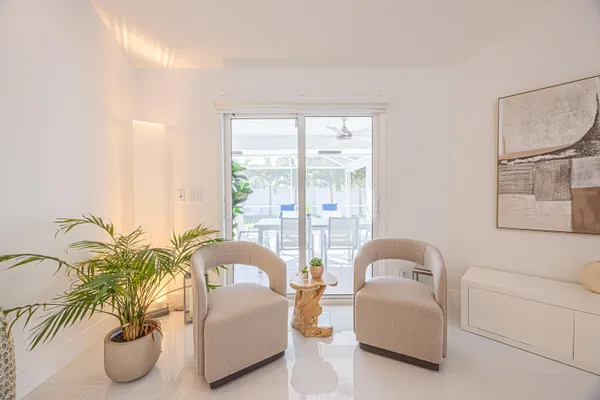 a living room with furniture and a potted plant