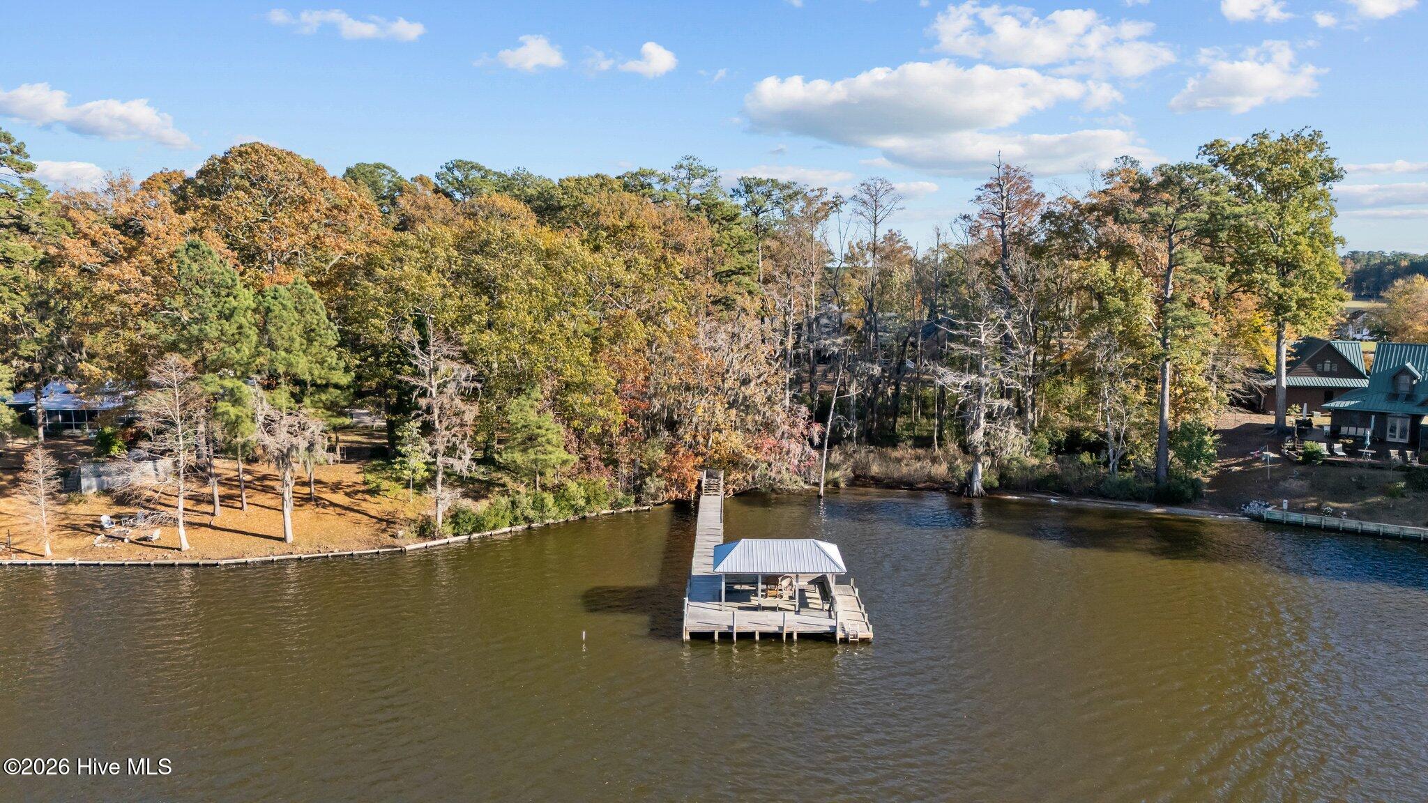 155 Teach's Cove Road Bath, NC 27808 - Photo 47 of 47 Aerial View from Bath Creek facing the HOA Dock and Pier with Covered Pavilion