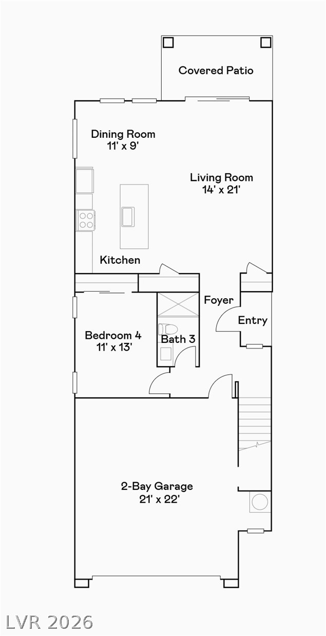 1731 Strada Nathan Henderson, NV 89011 - Photo 2 of 3 Floor plan showcasing a practical layout with dedicated living, dining, kitchen, and bedroom spaces, alongside a two-bay garage and covered patio.
