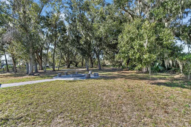 an aerial view of a house with a yard and large trees