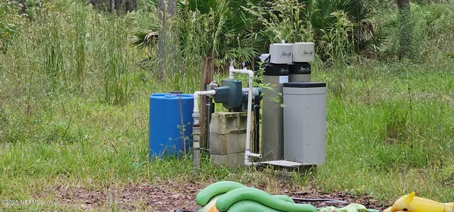 a garden view with a seating space