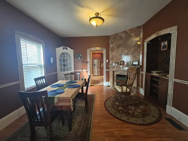 a view of a dining room with furniture