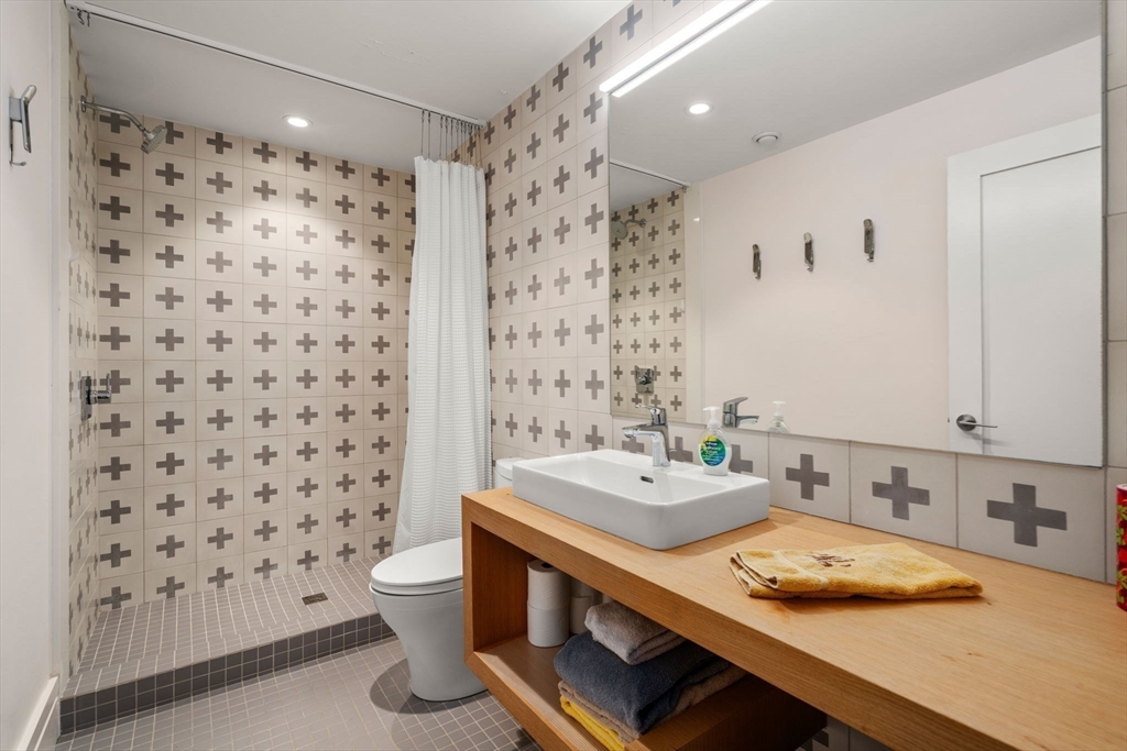 33 Leicester Street Brookline, MA 02445 - Photo 22 of 38 a bathroom with a sink a toilet and shower curtain