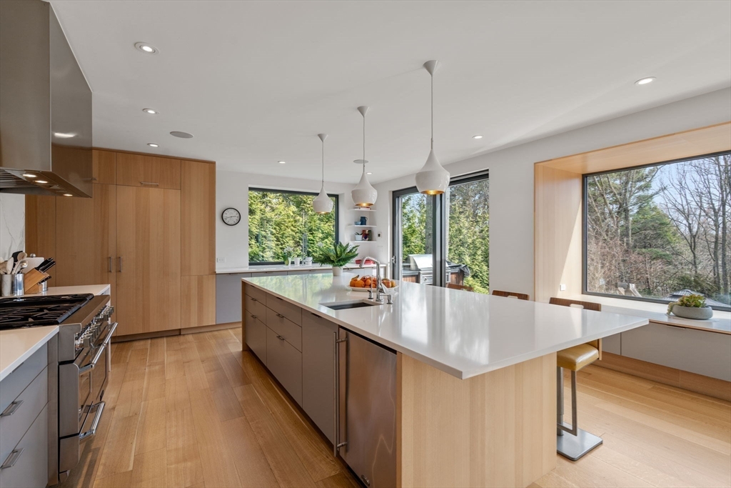 33 Leicester Street Brookline, MA 02445 - Photo 6 of 38 a large kitchen with kitchen island a large window a sink and stainless steel appliances