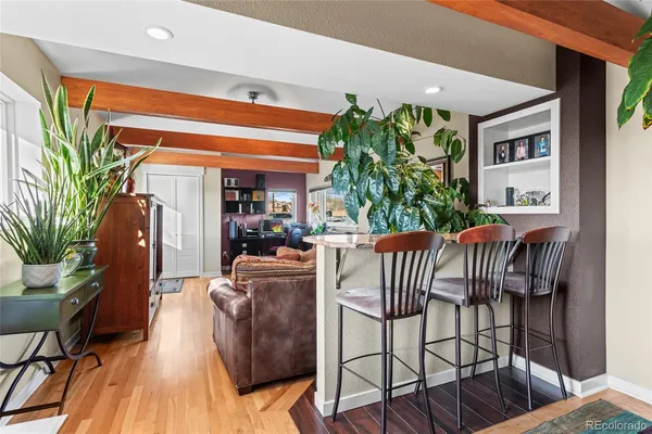 a living room with furniture and a potted plant
