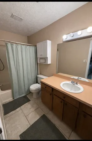 a bathroom with a double vanity sink toilet and a mirror