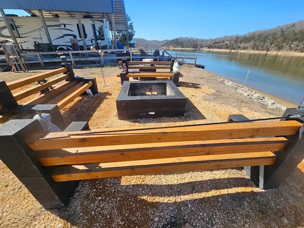 an aerial view of a fireplace with lounge chair
