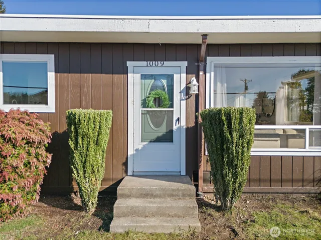 a green field with some plants in front of it