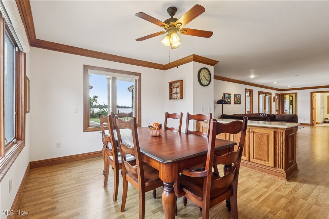 337 Cedar Point Road Sandusky, OH 44870 - Photo 13 of 50 Dining area with ornamental molding, light wood-style floors, and a ceiling fan
