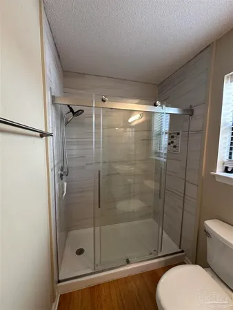 a bathroom with a shower and toilet