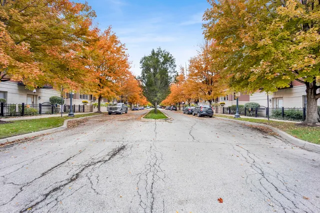 a view of a garden with houses