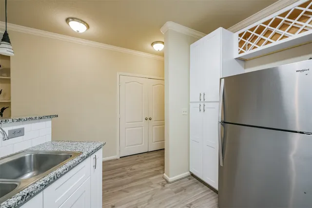 a kitchen with a refrigerator and a sink