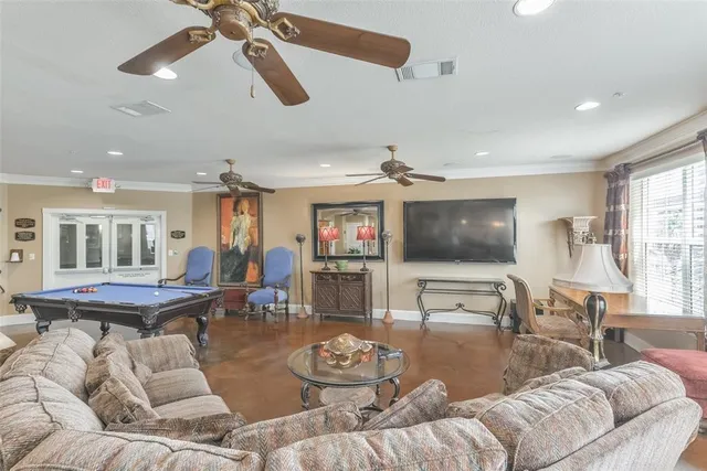 a workspace with chandelier