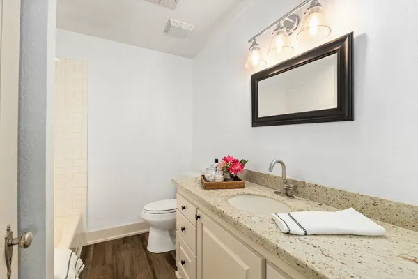 a bathroom with a sink vanity mirror and toilet