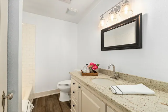 a bathroom with a sink vanity mirror and toilet