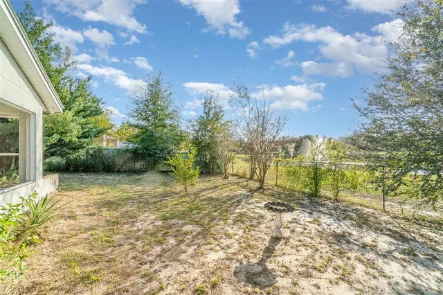 a view of a yard with plants and a trees