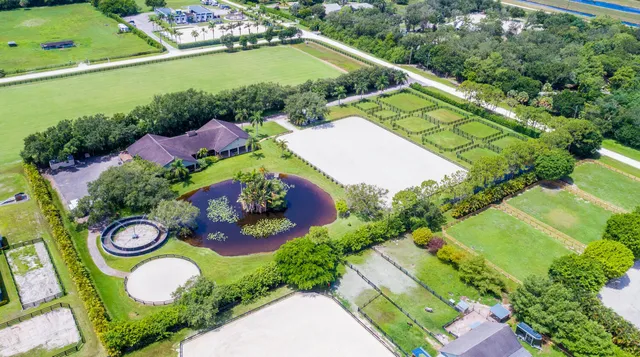 an aerial view of residential houses with outdoor space and trees all around