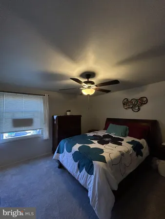 a bedroom with a bed and a ceiling fan
