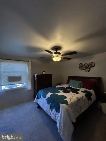 a bedroom with a bed and a ceiling fan